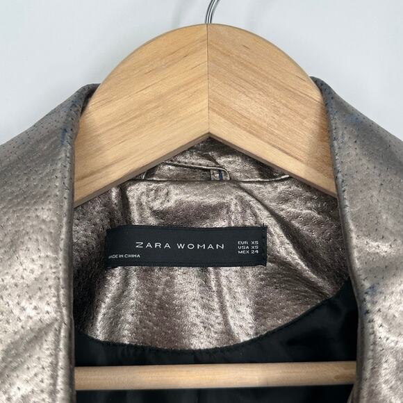 ZARA Genuine Leather Jacket Silver Metallic Belted Moto Biker Jacket - Picture 14 of 16